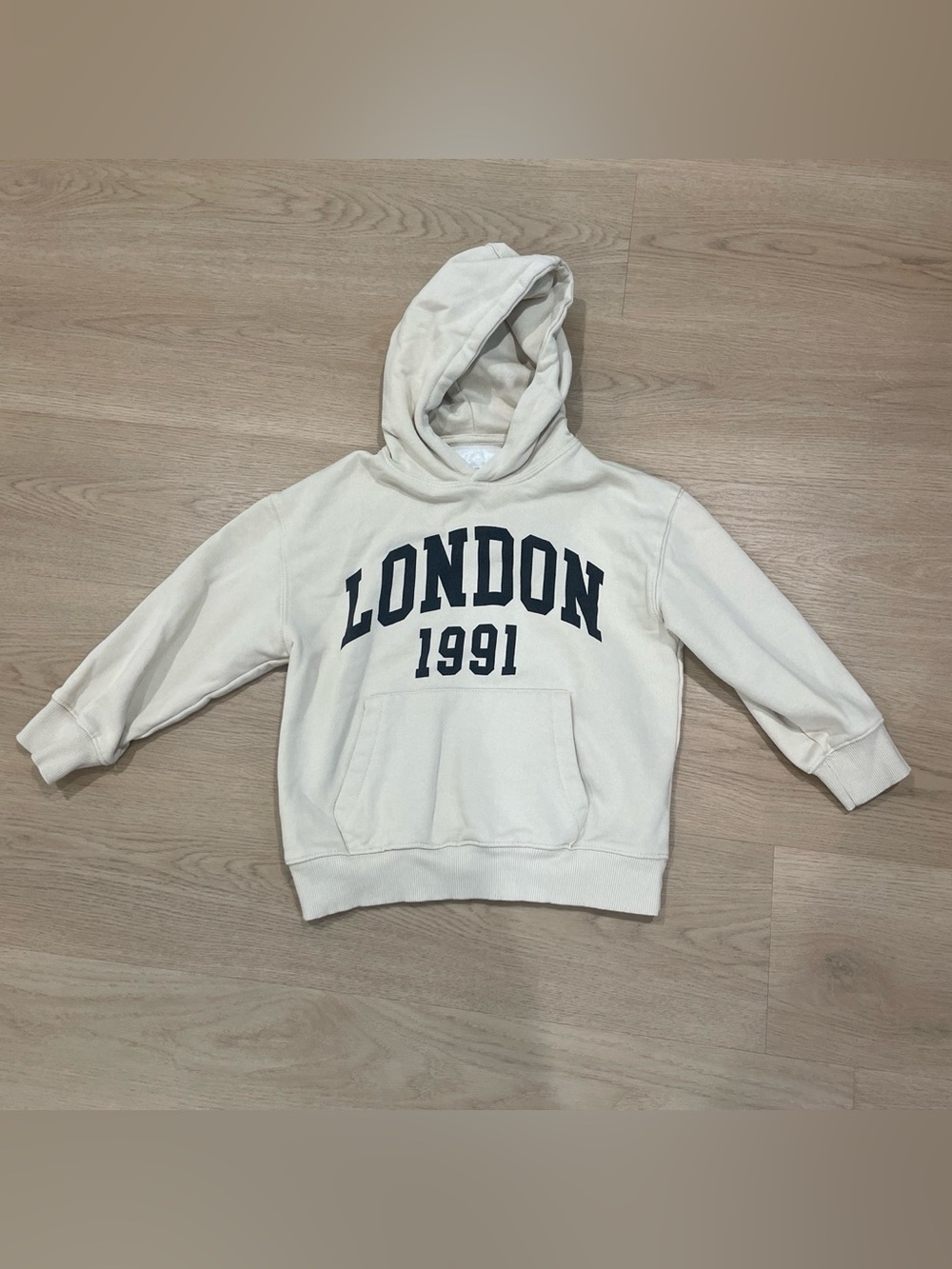 Zara Cream Hoodie with Navy "London 1991" Print